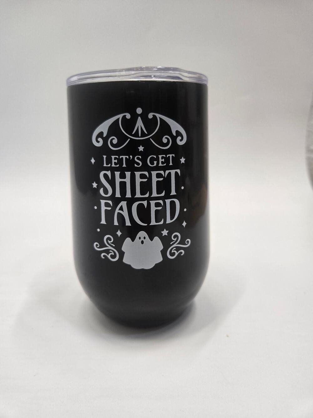 Zinny Let's Get Sheet Faced Halloween 16 Oz Stainless Steel Goblet Black Ghost
